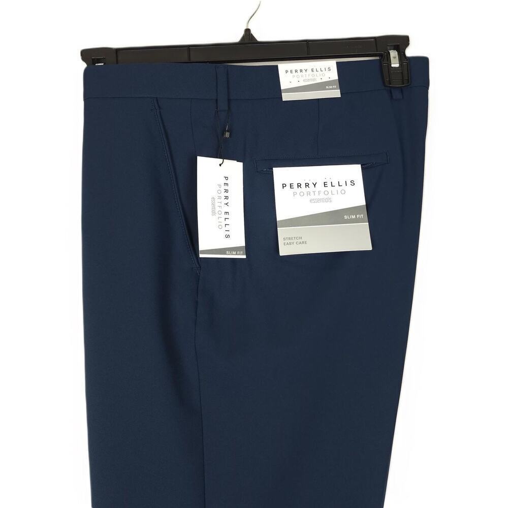 Perry Ellis Mens Slim Fit Golf Dress Pants 38x32 Navy Blue Solid Stretch NWT